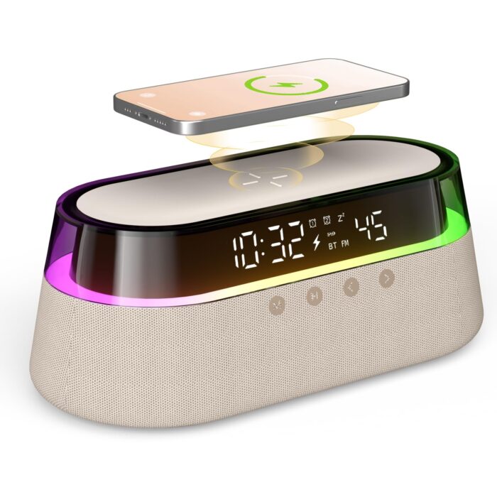 AUNEK 6 in 1 Digital Alarm Clock with Fast Wireless Charging Bluetooth Speaker